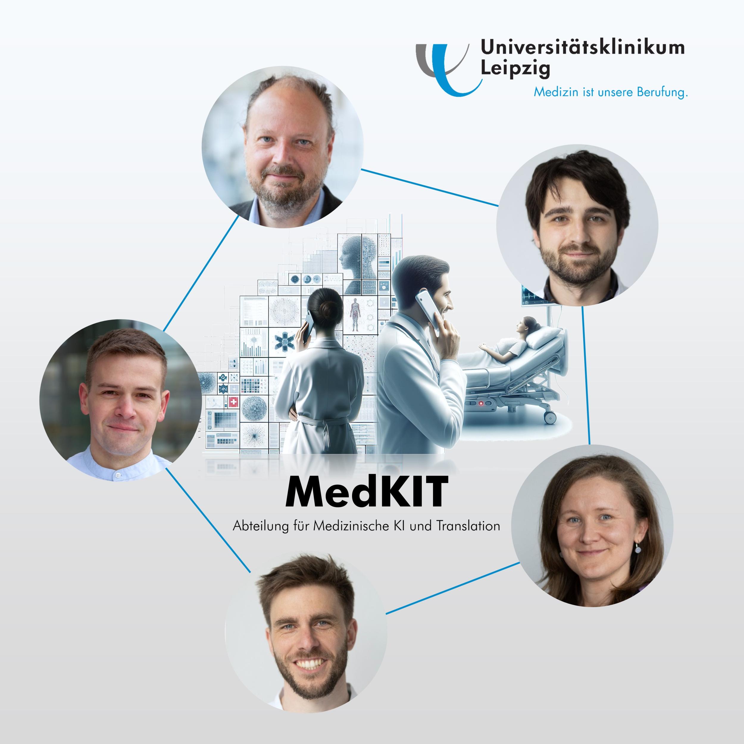 Eine Collage mit Bildern der Mitarbeiter:innen der MedKIT, Abteilung für Medizinische KI und Translation. 