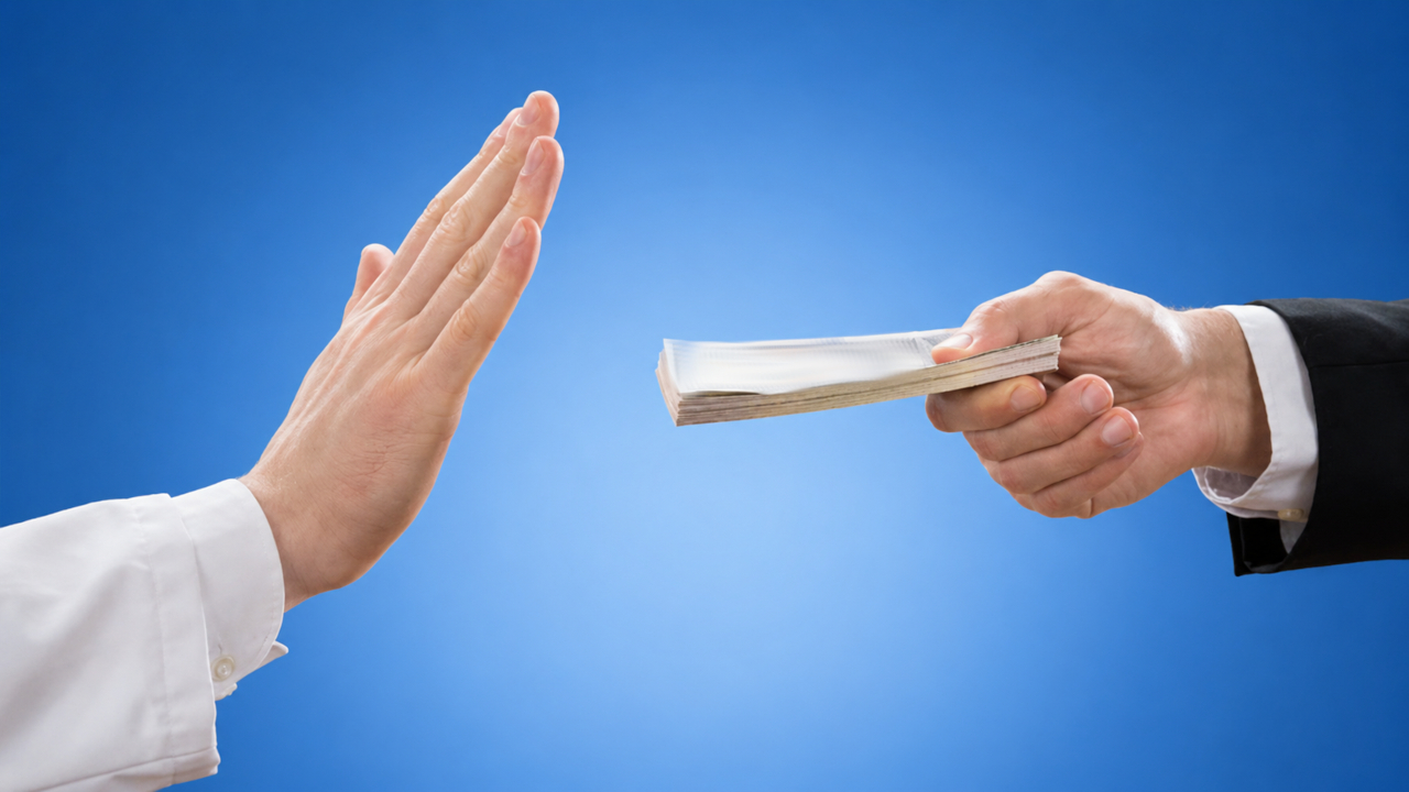 Die Hand eines Anzugträgers bietet ein Bündel Geldscheine. Die Hand eines Arztes macht eine ablehnende Geste. 