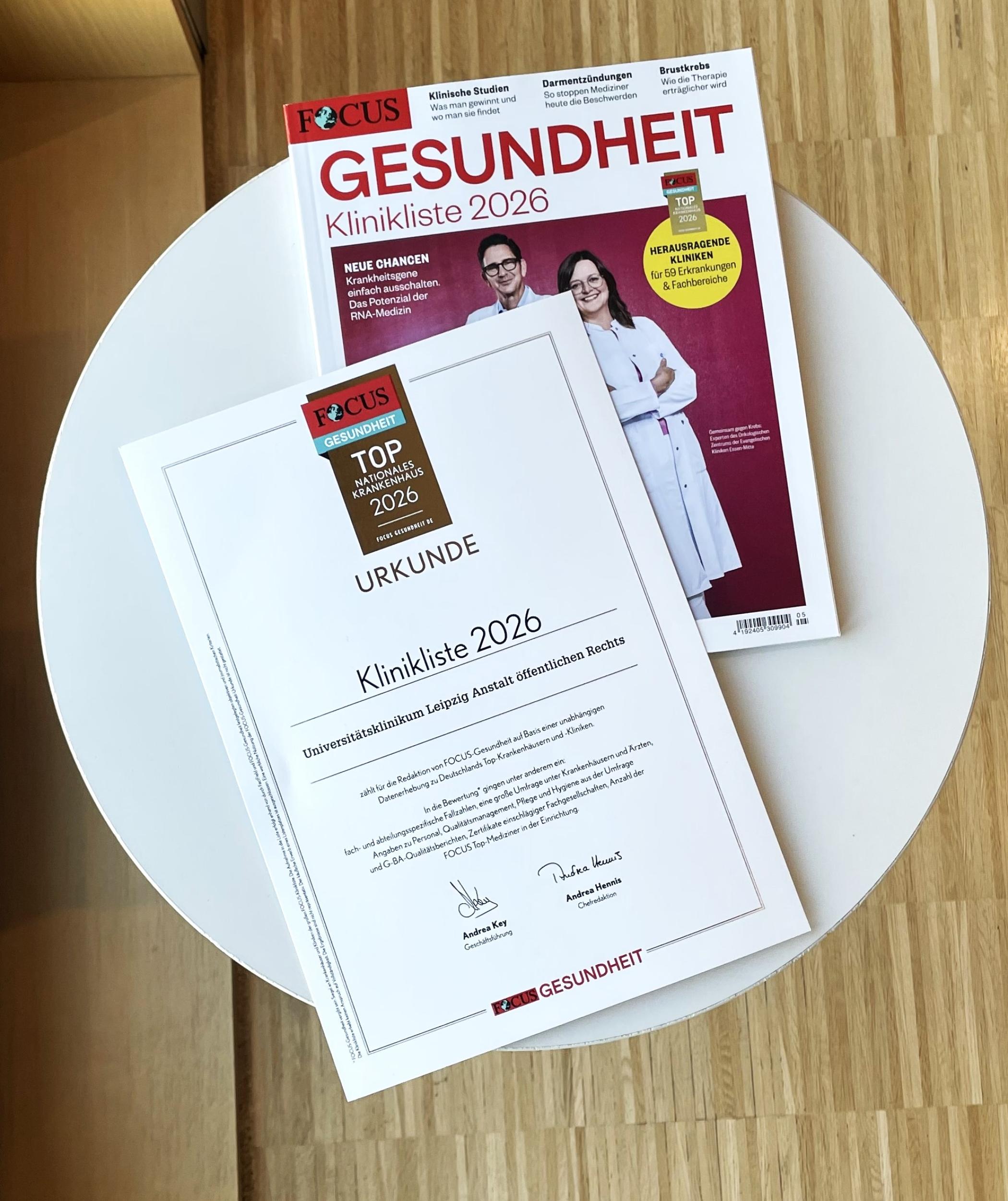 Urkunde: Klinikliste 2026. Auszeichnung der besten Krankenhäuser und Kliniken Deutschlands.