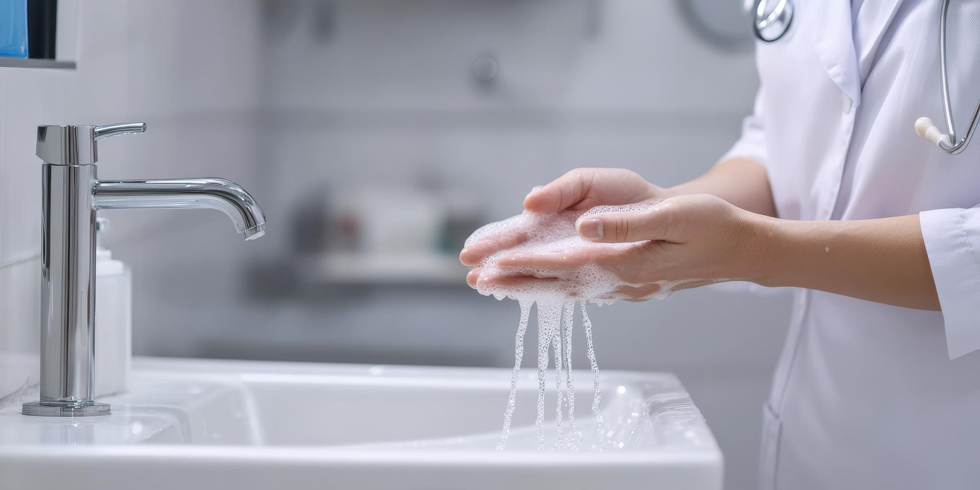 Medizinerin wäscht sich ihre Hände mit viel Seife an einem sauberen Waschbecken. 